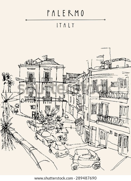 Palermo, Italy, Europe. Vector illustration. Travel\
sketch drawing. Monochrome poster, postcard template with copy\
space, hand lettering. Nice historical buildings, town square, car\
park, palm trees