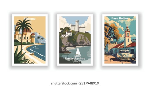 Palermo, Italy, Paso Robles, California, Pembrokeshire, Wales - Vintage travel poster. Vector illustration