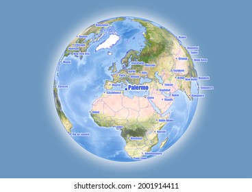 Palermo-Italy is shown on vector globe map. The map shows Palermo-Italy 's location in the world.
