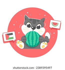 palestina support cute watermelon cat cartoon illustration