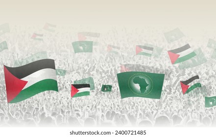 Palästina und die Afrikanische Union flaggen in einer Menge jubelnder Menschen. Menschenmenge mit Flaggen. Vektorgrafik.