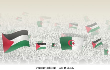 Palestine and Algeria flags in a crowd of cheering people. Crowd of people with flags. Vector illustration.