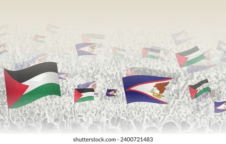 Palestine and American Samoa flags in a crowd of cheering people. Crowd of people with flags. Vector illustration.