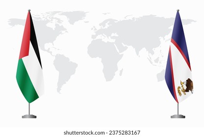 Palestine and American Samoa flags for official meeting against background of world map.