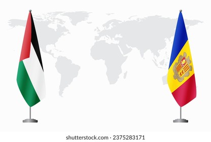 Palestine and Andorra flags for official meeting against background of world map.