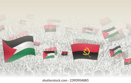 Palestine and Angola flags in a crowd of cheering people. Crowd of people with flags. Vector illustration.