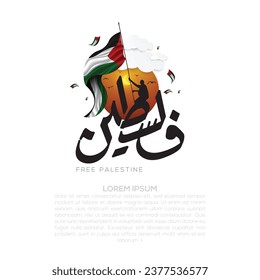 Palestine Arabic Calligraphy Background Vector Design with Palestinian holding flag for Greeting Card, Banner, Wallpaper, Cover, Flyer, Social Media, Poster, Illustration. The mean is : FREE PALESTINE