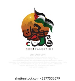 Palestine Arabic Calligraphy Background Vector Design with Palestinian holding flag for Greeting Card, Banner, Wallpaper, Cover, Flyer, Social Media, Poster, Illustration. The mean is : FREE PALESTINE