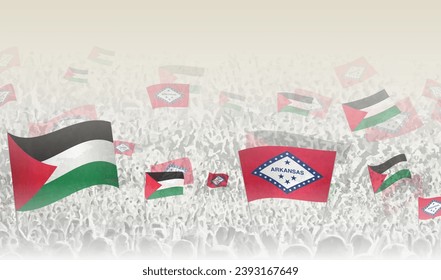 Palestine and Arkansas flags in a crowd of cheering people. Crowd of people with flags. Vector illustration.