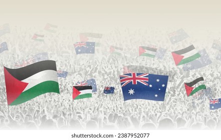 Banderas de Palestina y Australia en una multitud de gente que vitorea. Multitud de personas con banderas. Ilustración vectorial.
