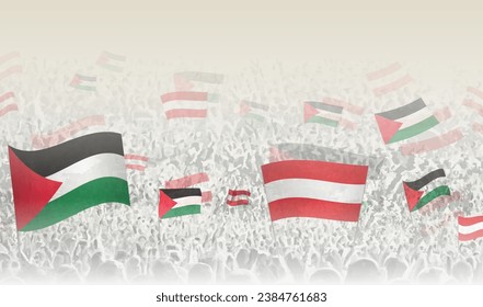 Palestine and Austria flags in a crowd of cheering people. Crowd of people with flags. Vector illustration.