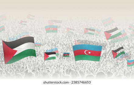 Palestine and Azerbaijan flags in a crowd of cheering people. Crowd of people with flags. Vector illustration.