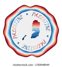 Palestine badge. Map of the country with beautiful geometric waves and vibrant red blue frame. Vivid round Palestine logo. Vector illustration.