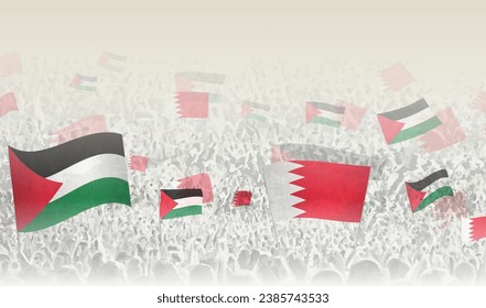 Palestine and Bahrain flags in a crowd of cheering people. Crowd of people with flags. Vector illustration.