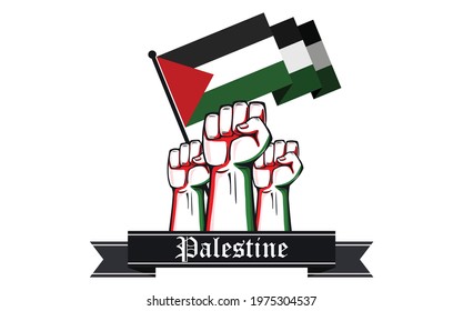 Palestine banner for protest, freedom fight campaign, human rights violation or national day, with Palestinian flag and raised fists. Vector illustration of Gaza war situation.