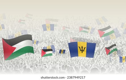 Palestine and Barbados flags in a crowd of cheering people. Crowd of people with flags. Vector illustration.