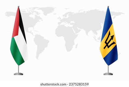 Palestine and Barbados flags for official meeting against background of world map.