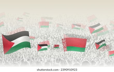 Palestine and Belarus flags in a crowd of cheering people. Crowd of people with flags. Vector illustration.