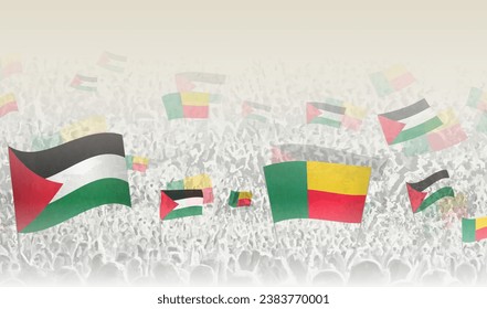 Palestine and Benin flags in a crowd of cheering people. Crowd of people with flags. Vector illustration.