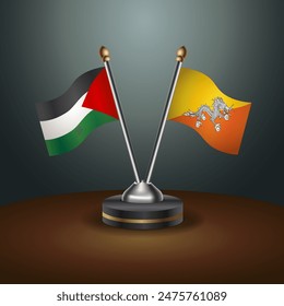 Palestine and Bhutan, flag together. Small table flag with color gradient background