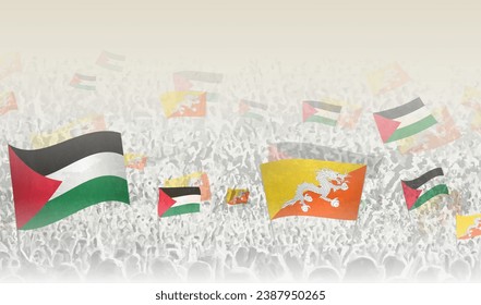 Banderas de Palestina y Bután en una multitud de gente que vitorea. Multitud de personas con banderas. Ilustración vectorial.