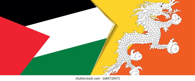 Die Flaggen Palästinas und Bhutans, zwei Vektorillustrationen Flaggen Symbol für Beziehung oder Konfrontation.