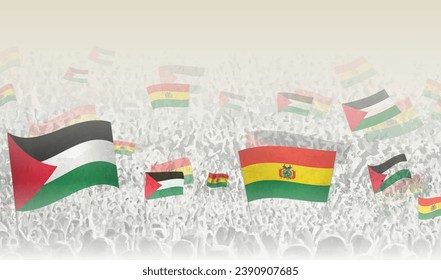 Palestine and Bolivia flags in a crowd of cheering people. Crowd of people with flags. Vector illustration.