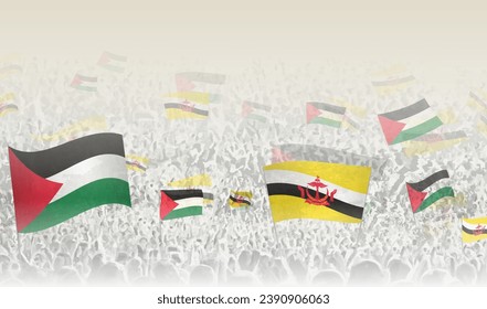 Banderas de Palestina y Brunéi en una multitud de gente que vitorea. Multitud de personas con banderas. Ilustración vectorial.