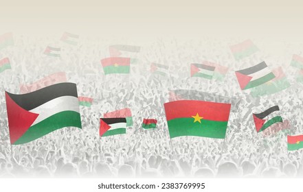 Palestine and Burkina Faso flags in a crowd of cheering people. Crowd of people with flags. Vector illustration.