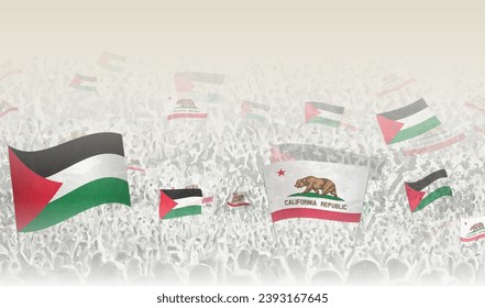 Palestine and California flags in a crowd of cheering people. Crowd of people with flags. Vector illustration.