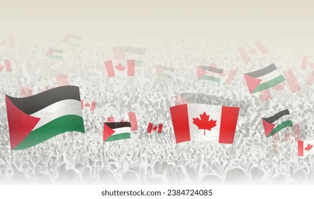 Palestine and Canada flags in a crowd of cheering people. Crowd of people with flags. Vector illustration.