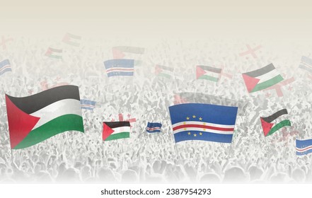 Palestine and Cape Verde flags in a crowd of cheering people. Crowd of people with flags. Vector illustration.