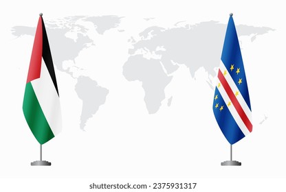 Palestine and Cape Verde flags for official meeting against background of world map.