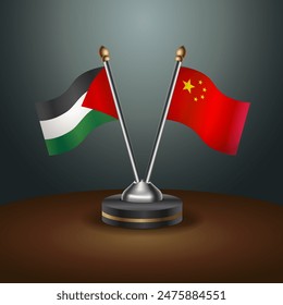 Palestine and China flag together. Small table flag with color gradient background