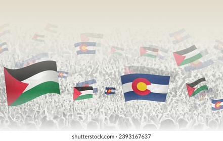 Banderas de Palestina y Colorado en una multitud de gente que vitorea. Multitud de personas con banderas. Ilustración vectorial.