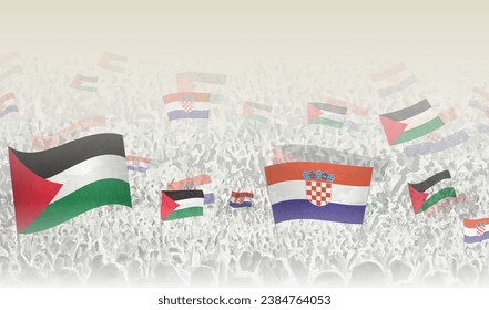 Palestine and Croatia flags in a crowd of cheering people. Crowd of people with flags. Vector illustration.