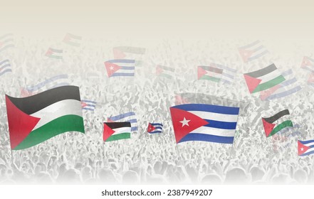 Palestine and Cuba flags in a crowd of cheering people. Crowd of people with flags. Vector illustration.