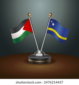 Palestine and Curacao flag together. Small table flag with color gradient background