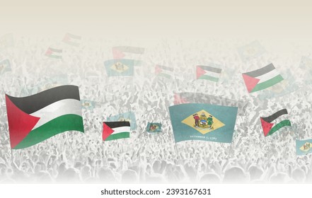 Palestine and Delaware flags in a crowd of cheering people. Crowd of people with flags. Vector illustration.