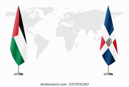 Palestine and Dominican flags for official meeting against background of world map.