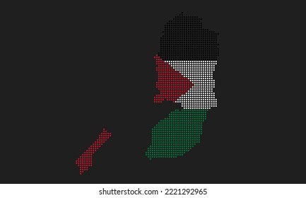 Bandera del mapa palestino con textura gruesa en el estilo de los puntos mosaicos. Ilustración de vector píxel abstracto de un mapa de país con efecto de semitono para infografía. 