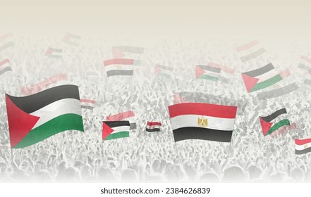 Palestine and Egypt flags in a crowd of cheering people. Crowd of people with flags. Vector illustration.