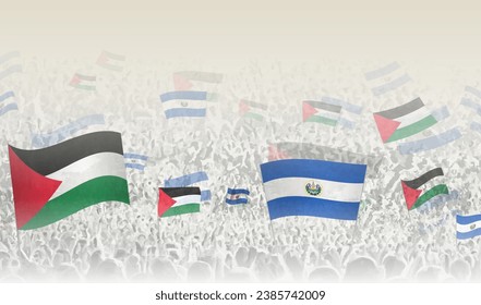 Palestine and El Salvador flags in a crowd of cheering people. Crowd of people with flags. Vector illustration.