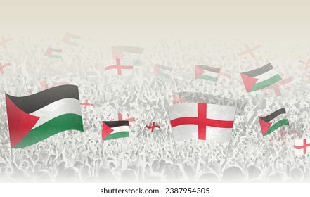 Palästina und England fliegen in einer Menge jubelnder Menschen. Menschenmenge mit Flaggen. Vektorgrafik.