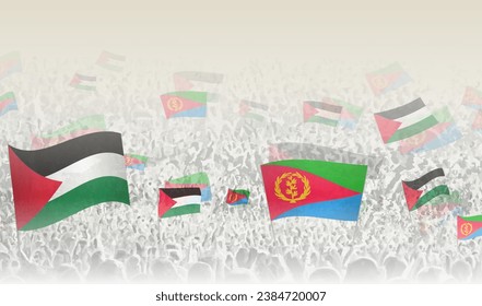 Palestine and Eritrea flags in a crowd of cheering people. Crowd of people with flags. Vector illustration.