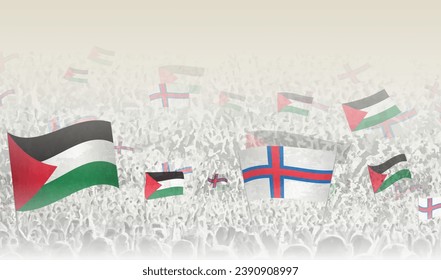 Palestine and Faroe Islands flags in a crowd of cheering people. Crowd of people with flags. Vector illustration.