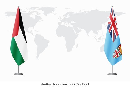 Palestine and Fiji flags for official meeting against background of world map.