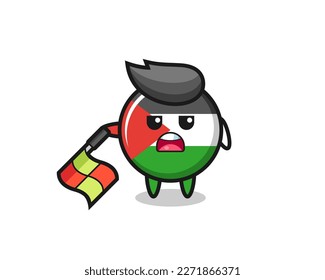 palestine flag badge character as line judge hold the flag down at a 45 degree angle , cute style design for t shirt, sticker, logo element