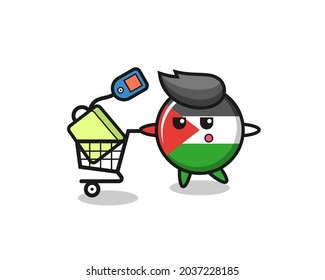 palestine flag badge illustration cartoon with a shopping cart , cute style design for t shirt, sticker, logo element