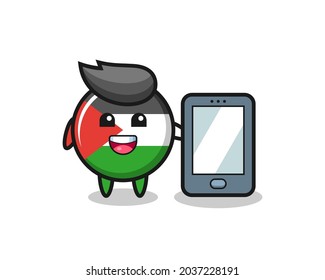 palestine flag badge illustration cartoon holding a smartphone , cute style design for t shirt, sticker, logo element